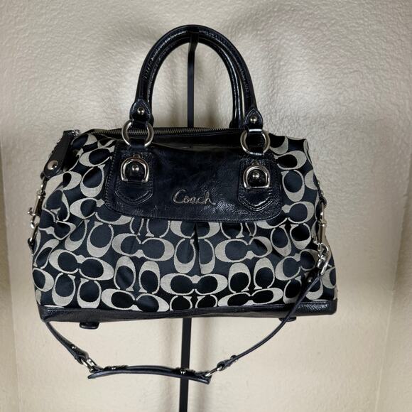 Coach Ashley Signature Sateen Large Satchel handbag F15443 in black and taupe. - Picture 1 of 16